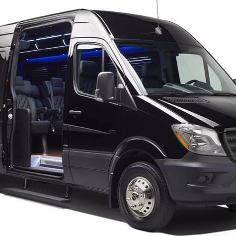 Exterior view of a luxury Mercedes Sprinter van featuring a sleek design, modern styling, and premium finish.
