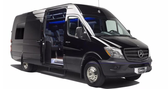 Exterior view of a luxury Mercedes Sprinter van featuring a sleek design, modern styling, and premium finish.