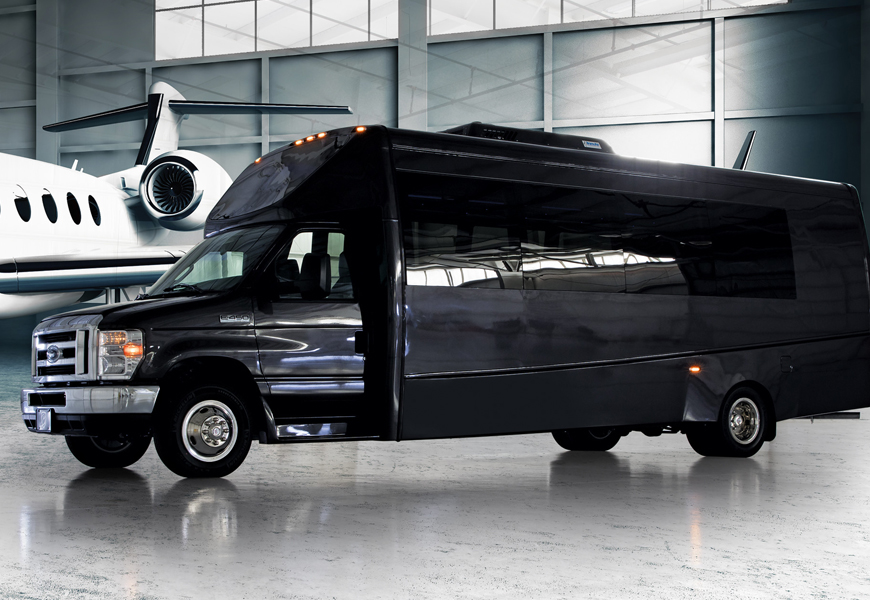 Financial Roadshow Transportation - Mini Coach Bus with plane