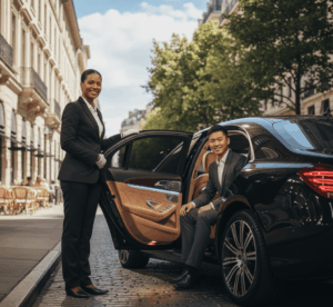 Woman holding the car door open for a man in a suit