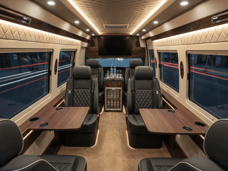 Luxury interior of a 9-passenger Mercedes-Benz Sprinter Jet-Van featuring diamond-stitched leather captain's chairs, dual wood-grain foldable workstations, a built-in refreshment refrigerator, and premium LED ambient lighting for executive group transportation.