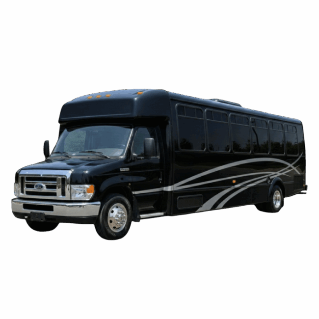 A sleek black mini coach bus with silver side graphics and tinted windows, isolated against a light grey background.