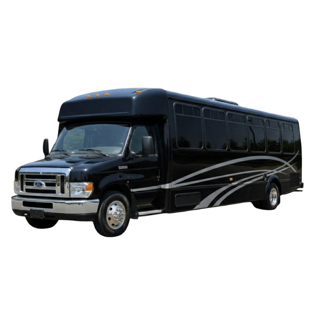 A sleek black mini coach bus with silver side graphics and tinted windows, isolated against a light grey background.