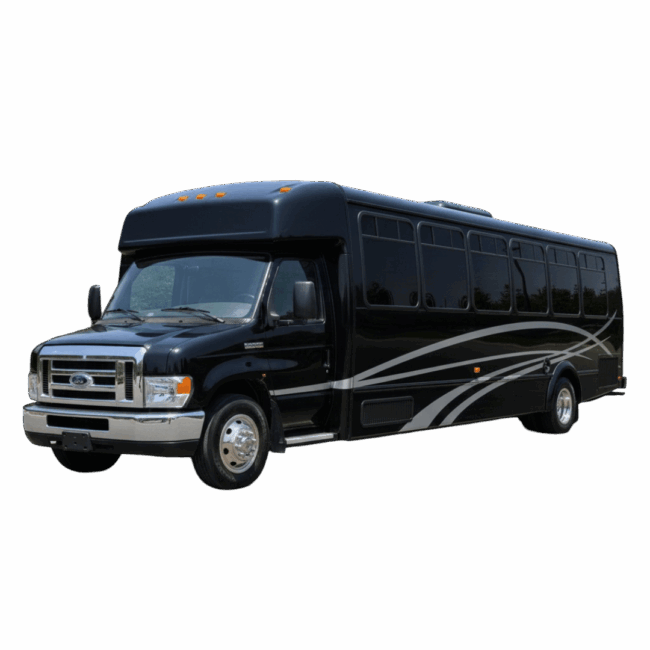 A sleek, black 36-passenger mini coach bus with silver wave-style graphics on the side, parked in an open lot with a modern city skyline and green trees in the background.